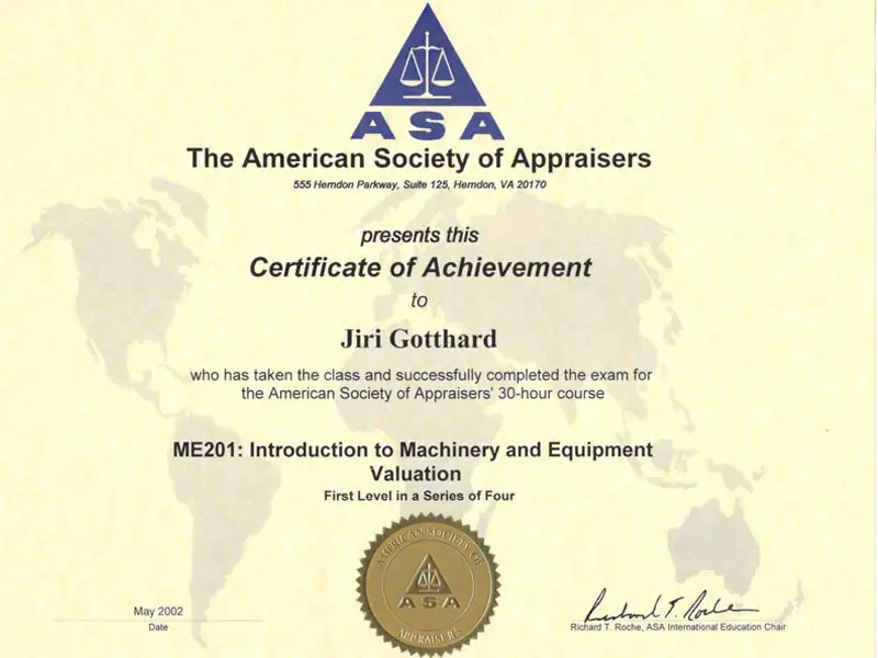 certifikát ME201 Introduction to Machinery and Equipment Valuation