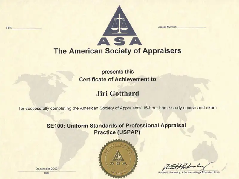 certifikát SE100: Uniform Standards of Professional Appraisial Practice (USPAP) 